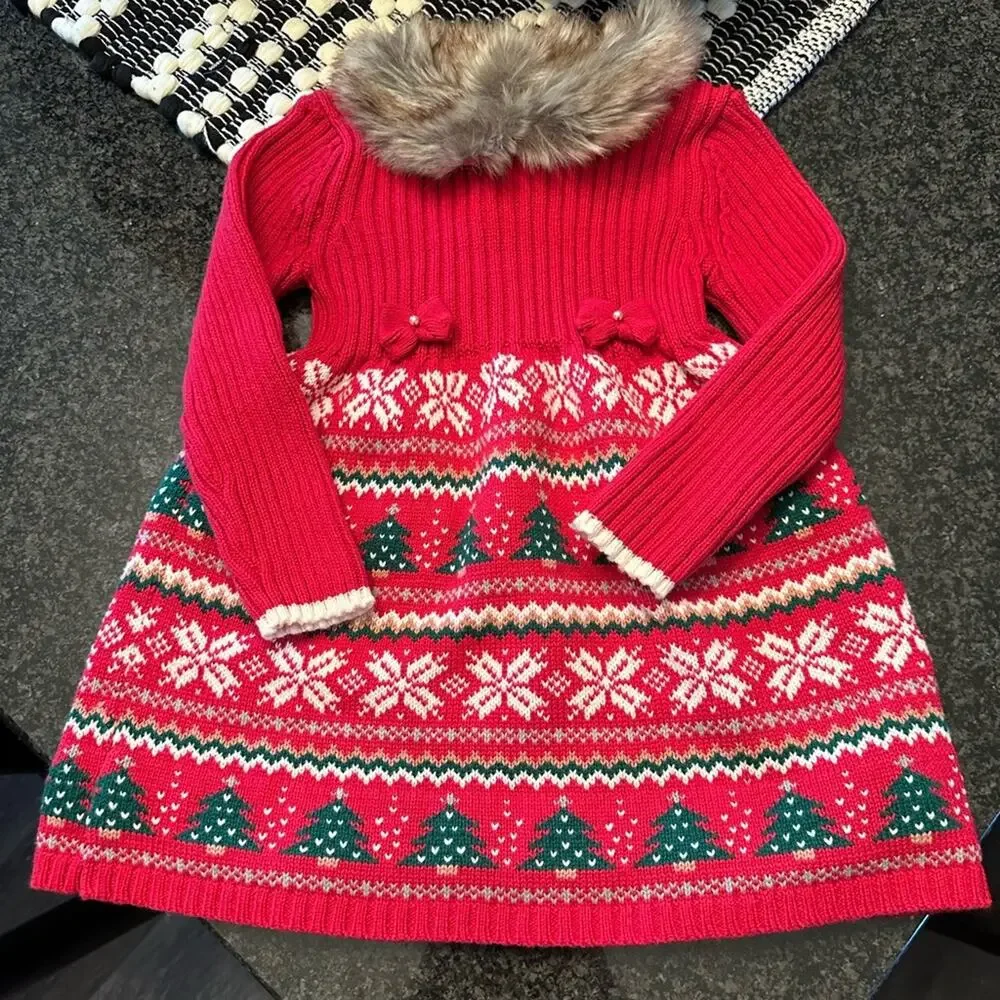 NWT Tommy Bahama Red and Green Fur Christmas tree Snowflake Sweater Dress 24m